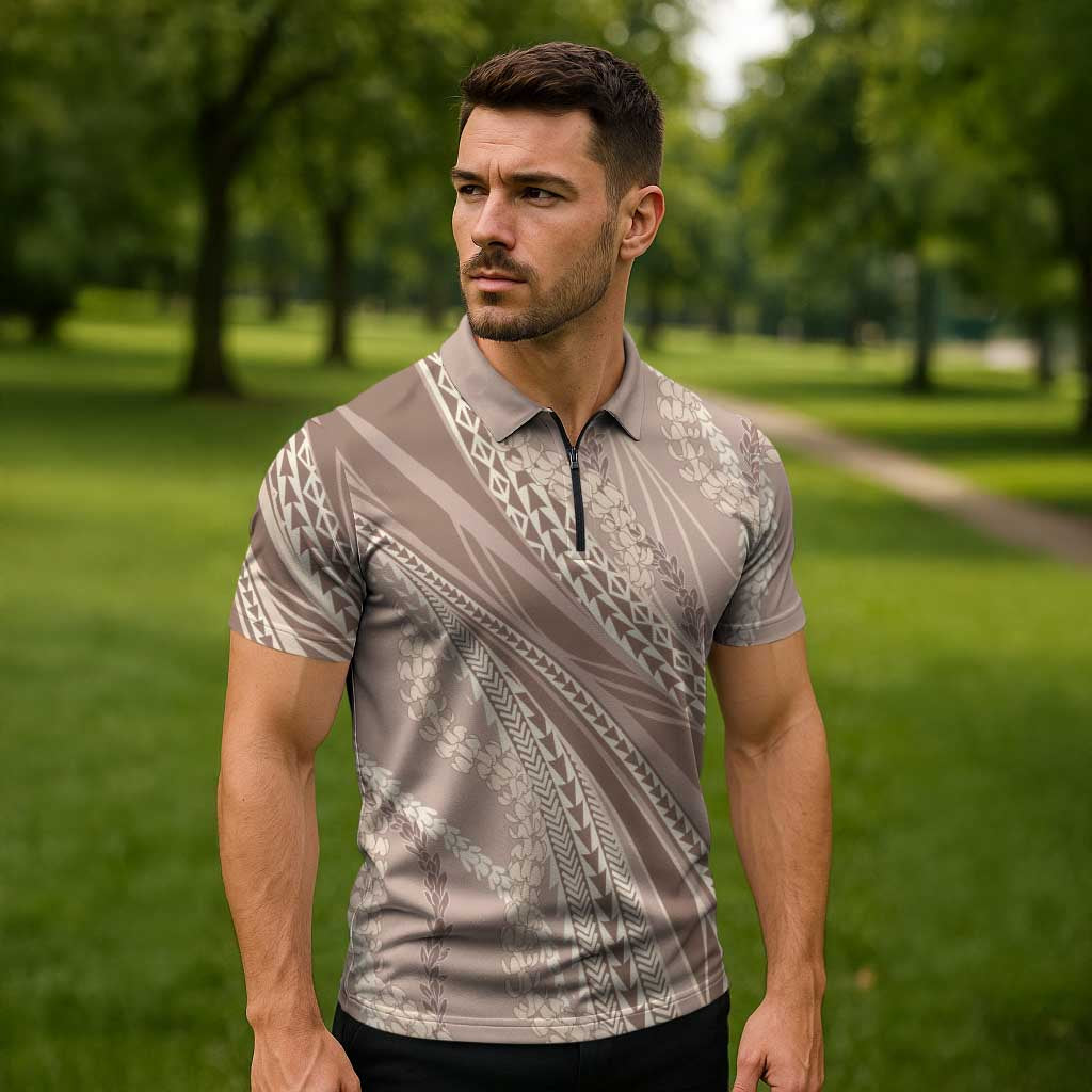 Polynesian Puakeniken Pikake Twisted Lei Zipper Polo Shirt Beige LT7 - Polynesian Pride