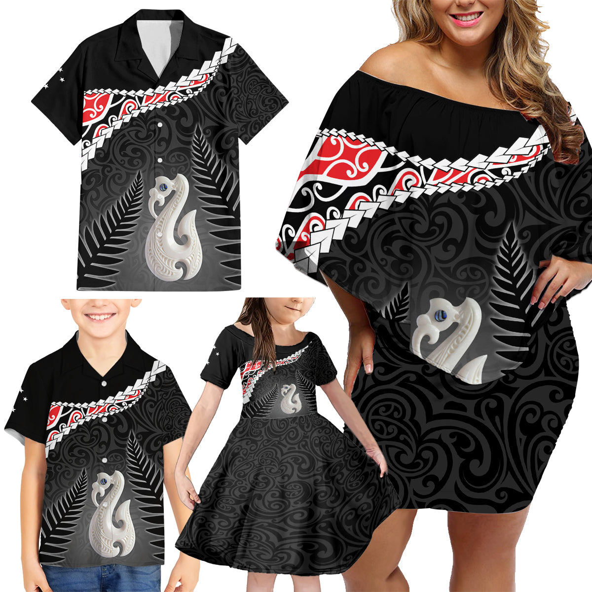 Personalised New Zealand Maori Family Matching Off Shoulder Short Dress and Hawaiian Shirt Manaia Mix Koru LT7 - Polynesian Pride