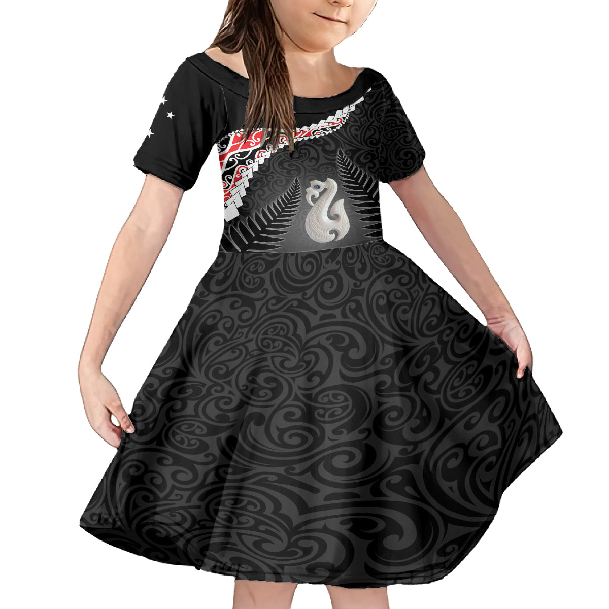 Personalised New Zealand Maori Family Matching Tank Maxi Dress and Hawaiian Shirt Manaia Mix Koru LT7 Daughter's Dress Black - Polynesian Pride