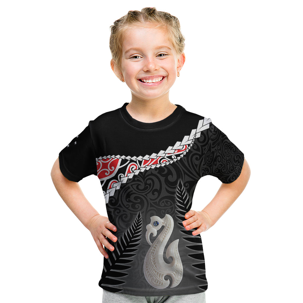 Personalised New Zealand Maori Kid T Shirt Manaia Mix Koru LT7 Black - Polynesian Pride