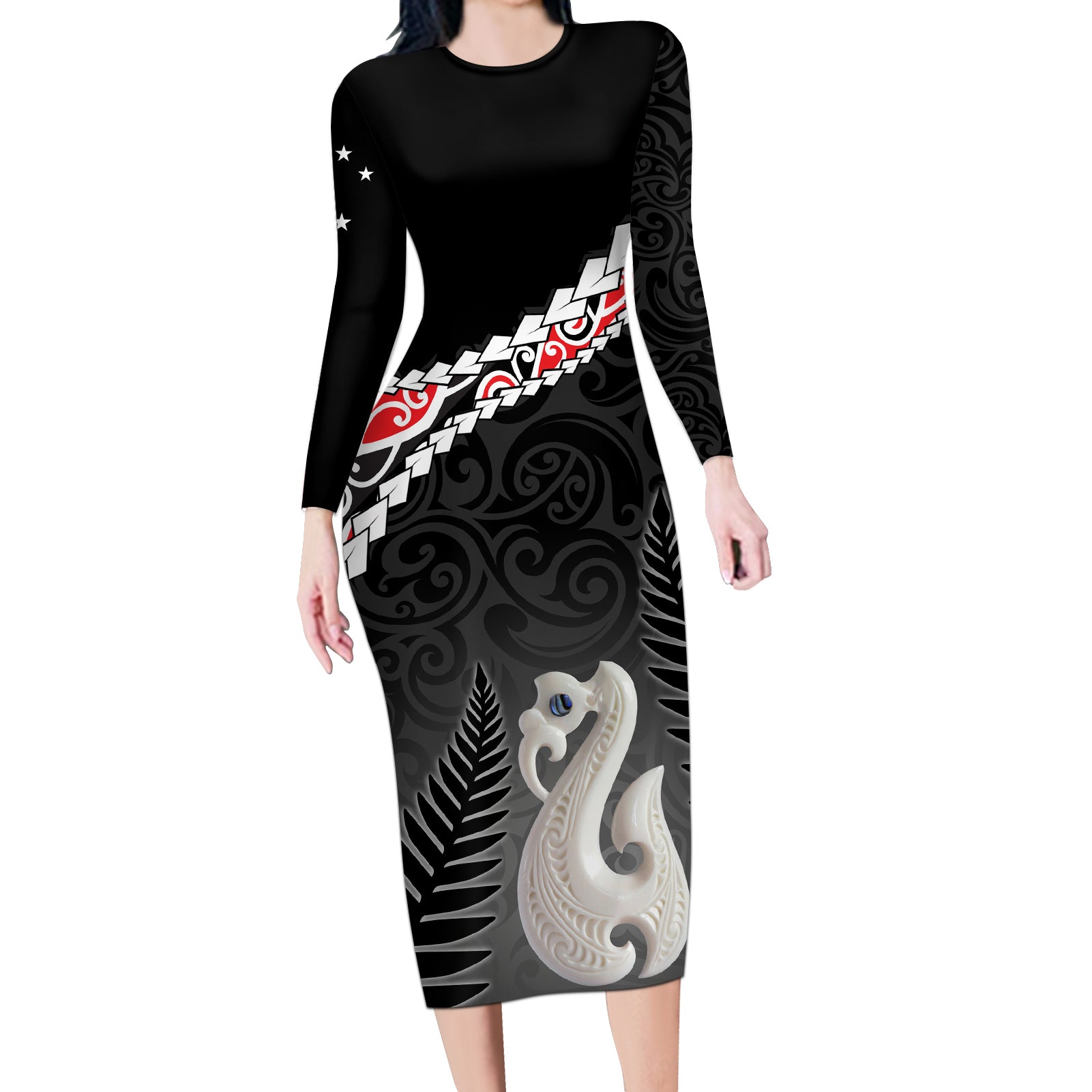 Personalised New Zealand Maori Long Sleeve Bodycon Dress Manaia Mix Koru LT7 Long Dress Black - Polynesian Pride
