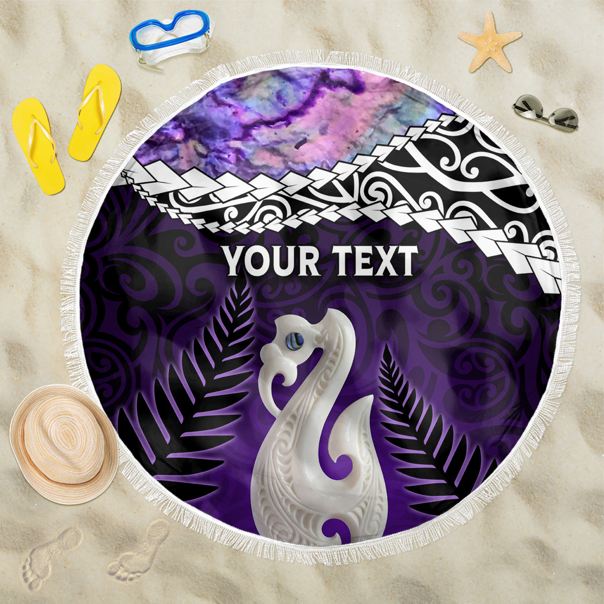 Personalised New Zealand Maori Beach Blanket Manaia Paua Shell Purple LT7 One Size 150cm Purple - Polynesian Pride