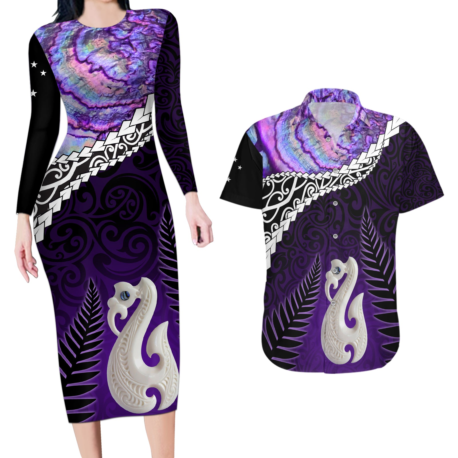 Personalised New Zealand Maori Couples Matching Long Sleeve Bodycon Dress and Hawaiian Shirt Manaia Paua Shell Purple LT7 Purple - Polynesian Pride