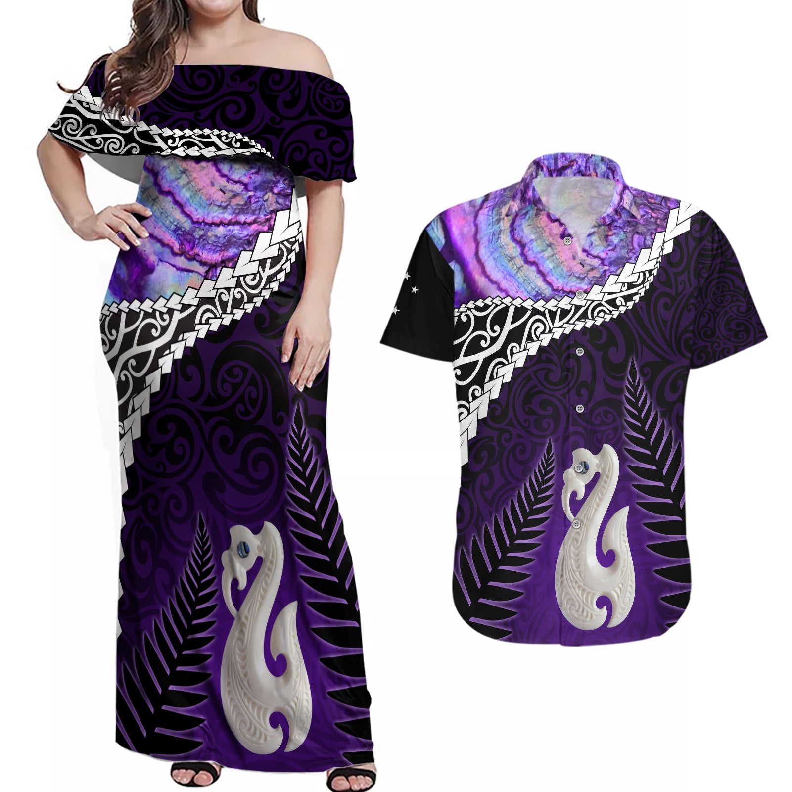 Personalised New Zealand Maori Couples Matching Off Shoulder Maxi Dress and Hawaiian Shirt Manaia Paua Shell Purple LT7 Purple - Polynesian Pride