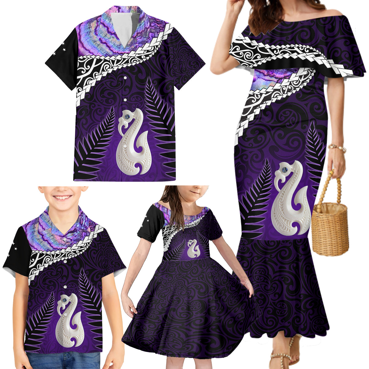 Personalised New Zealand Maori Family Matching Mermaid Dress and Hawaiian Shirt Manaia Paua Shell Purple LT7 - Polynesian Pride