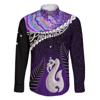 Personalised New Zealand Maori Family Matching Mermaid Dress and Hawaiian Shirt Manaia Paua Shell Purple LT7 Dad's Shirt - Long Sleeve Purple - Polynesian Pride