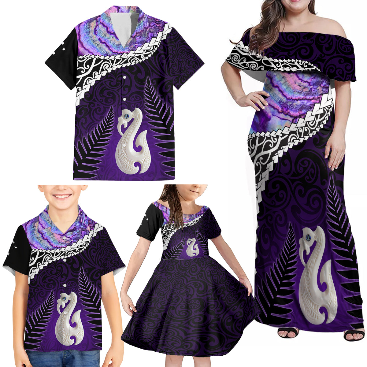 Personalised New Zealand Maori Family Matching Off Shoulder Maxi Dress and Hawaiian Shirt Manaia Paua Shell Purple LT7 - Polynesian Pride