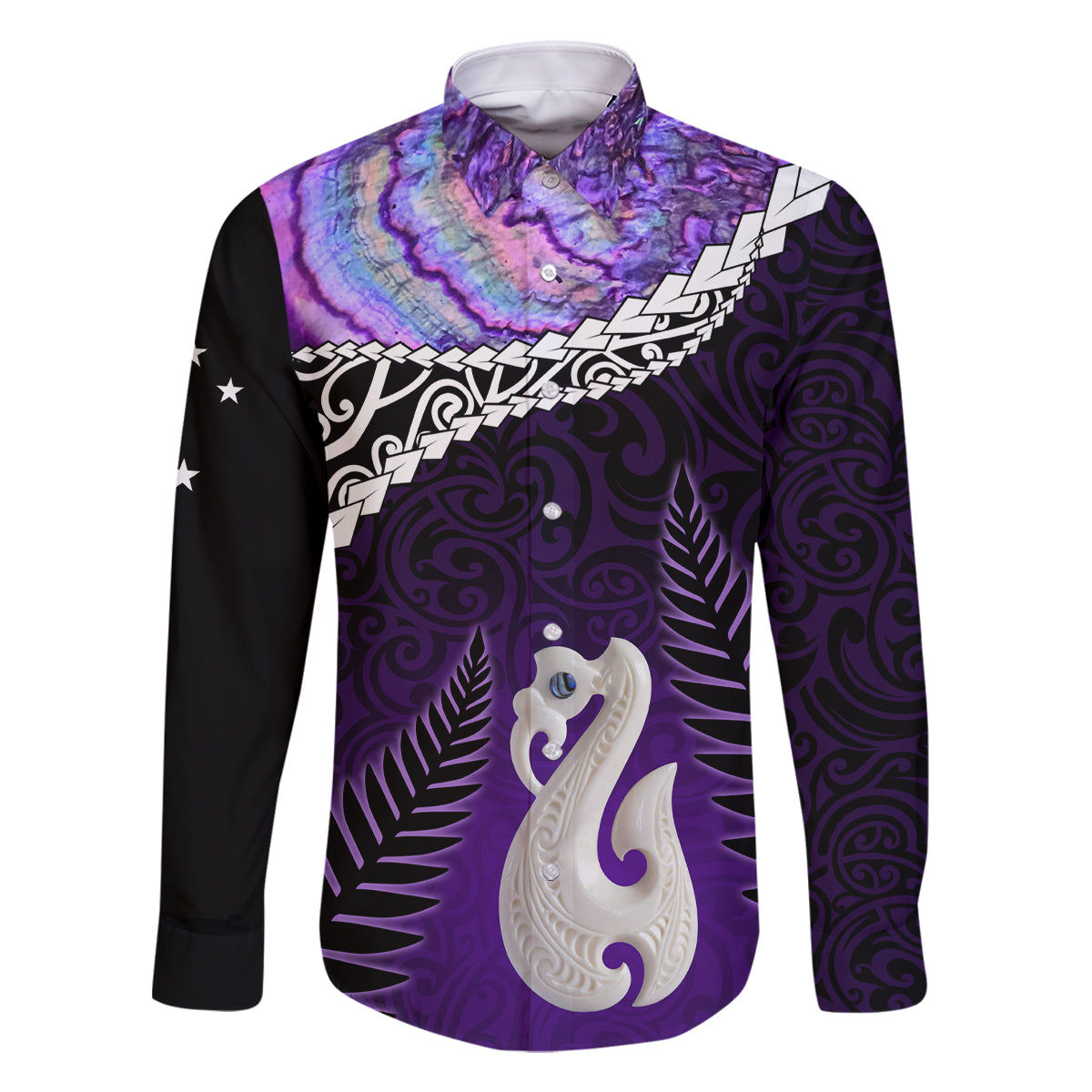 Personalised New Zealand Maori Family Matching Off Shoulder Maxi Dress and Hawaiian Shirt Manaia Paua Shell Purple LT7 Dad's Shirt - Long Sleeve Purple - Polynesian Pride