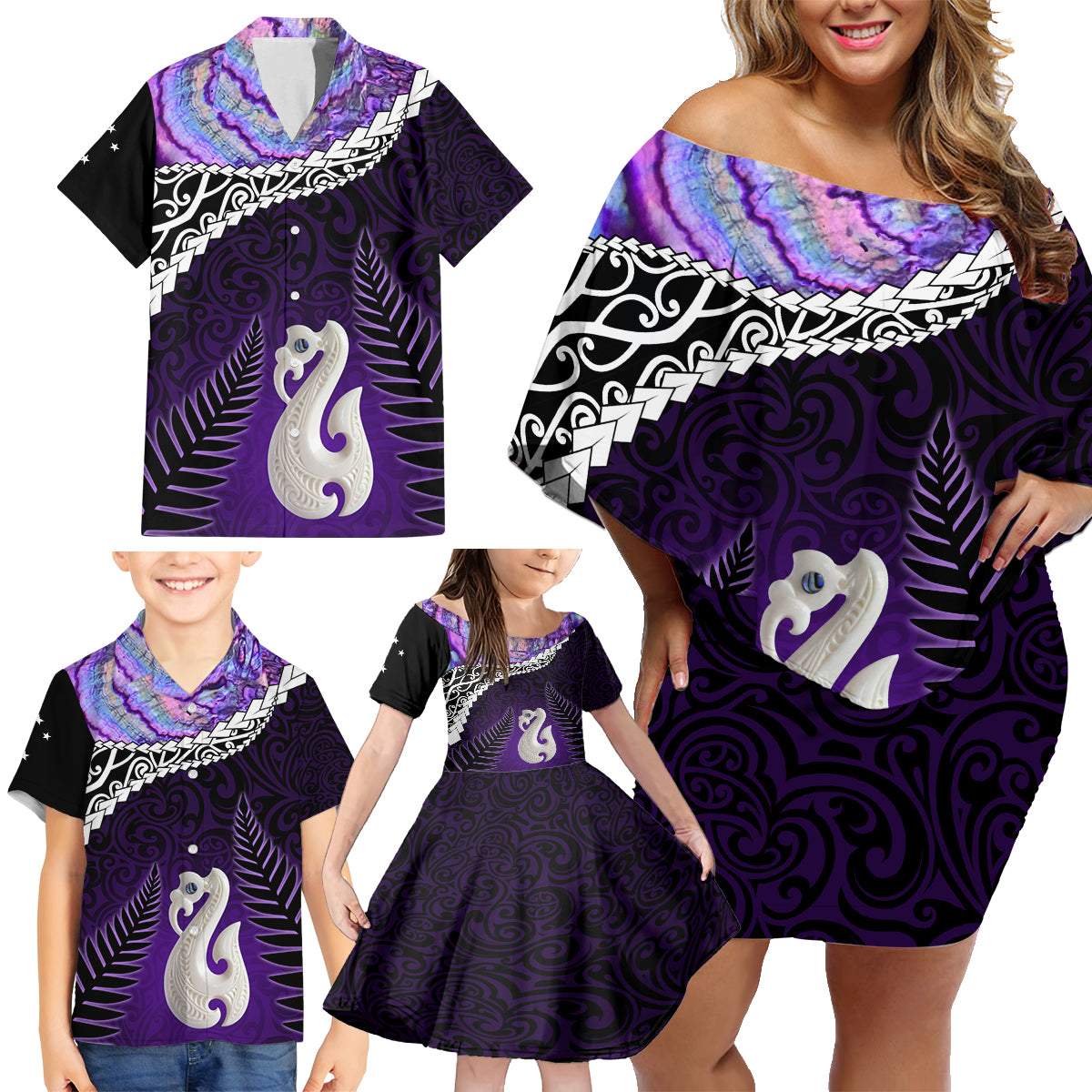 Personalised New Zealand Maori Family Matching Off Shoulder Short Dress and Hawaiian Shirt Manaia Paua Shell Purple LT7 - Polynesian Pride