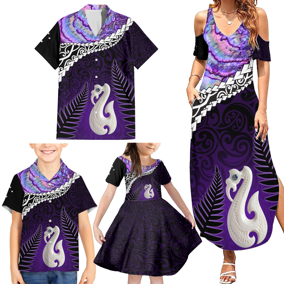 Personalised New Zealand Maori Family Matching Summer Maxi Dress and Hawaiian Shirt Manaia Paua Shell Purple LT7 - Polynesian Pride