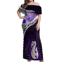 Personalised New Zealand Maori Off Shoulder Maxi Dress Manaia Paua Shell Purple LT7 Women Purple - Polynesian Pride