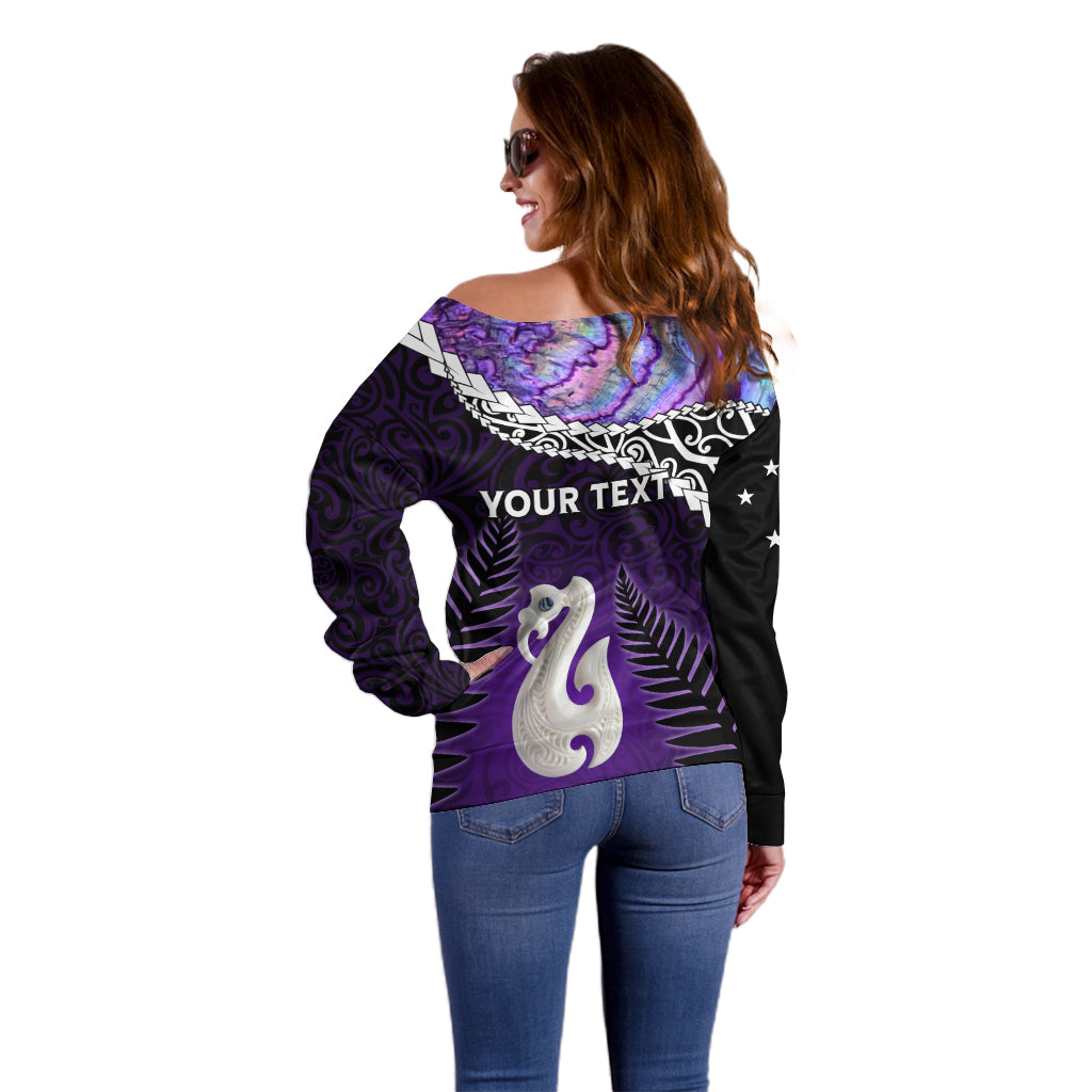 Personalised New Zealand Maori Off Shoulder Sweater Manaia Paua Shell Purple LT7 - Polynesian Pride