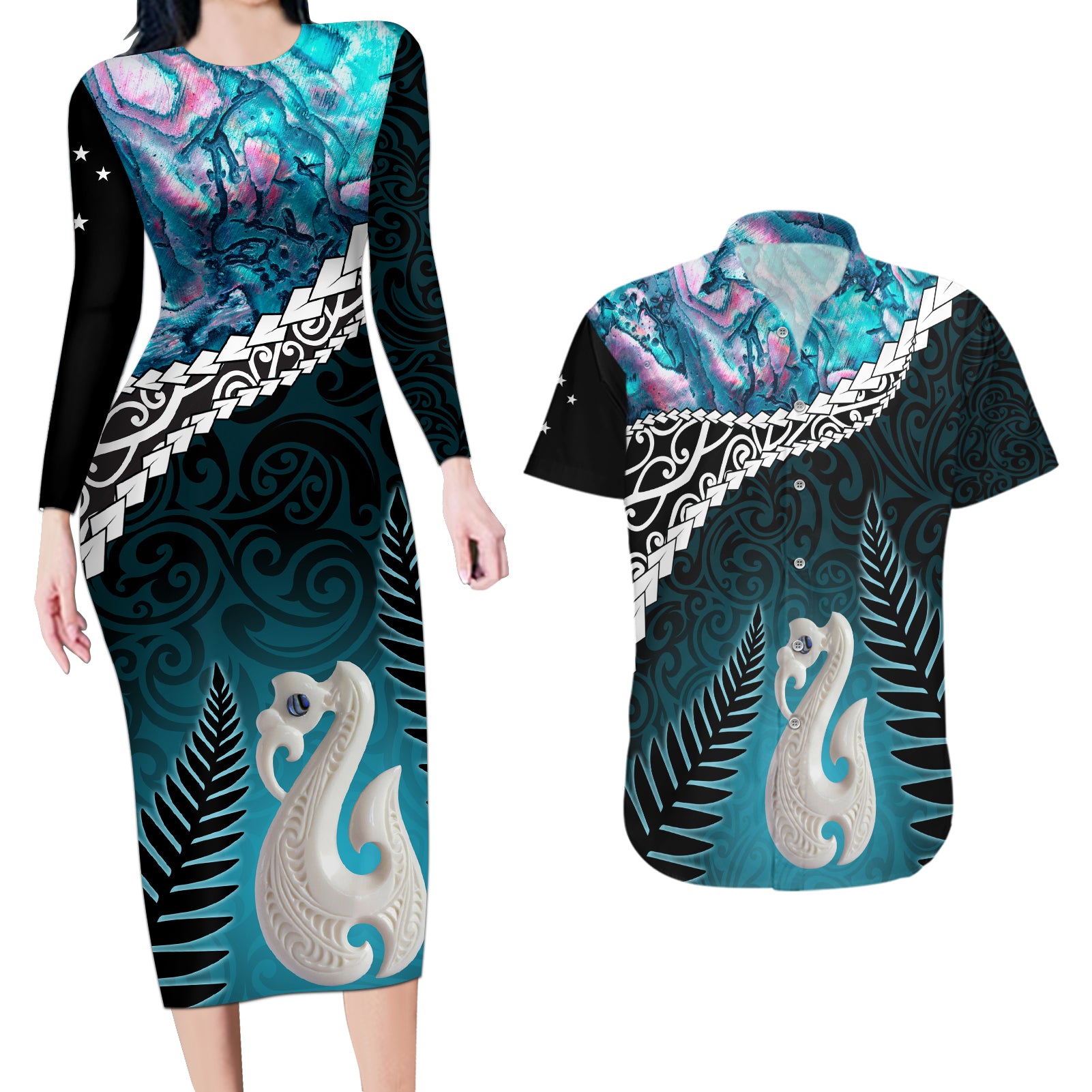 Personalised New Zealand Maori Couples Matching Long Sleeve Bodycon Dress and Hawaiian Shirt Manaia Paua Shell Turquoise LT7 Turquoise - Polynesian Pride