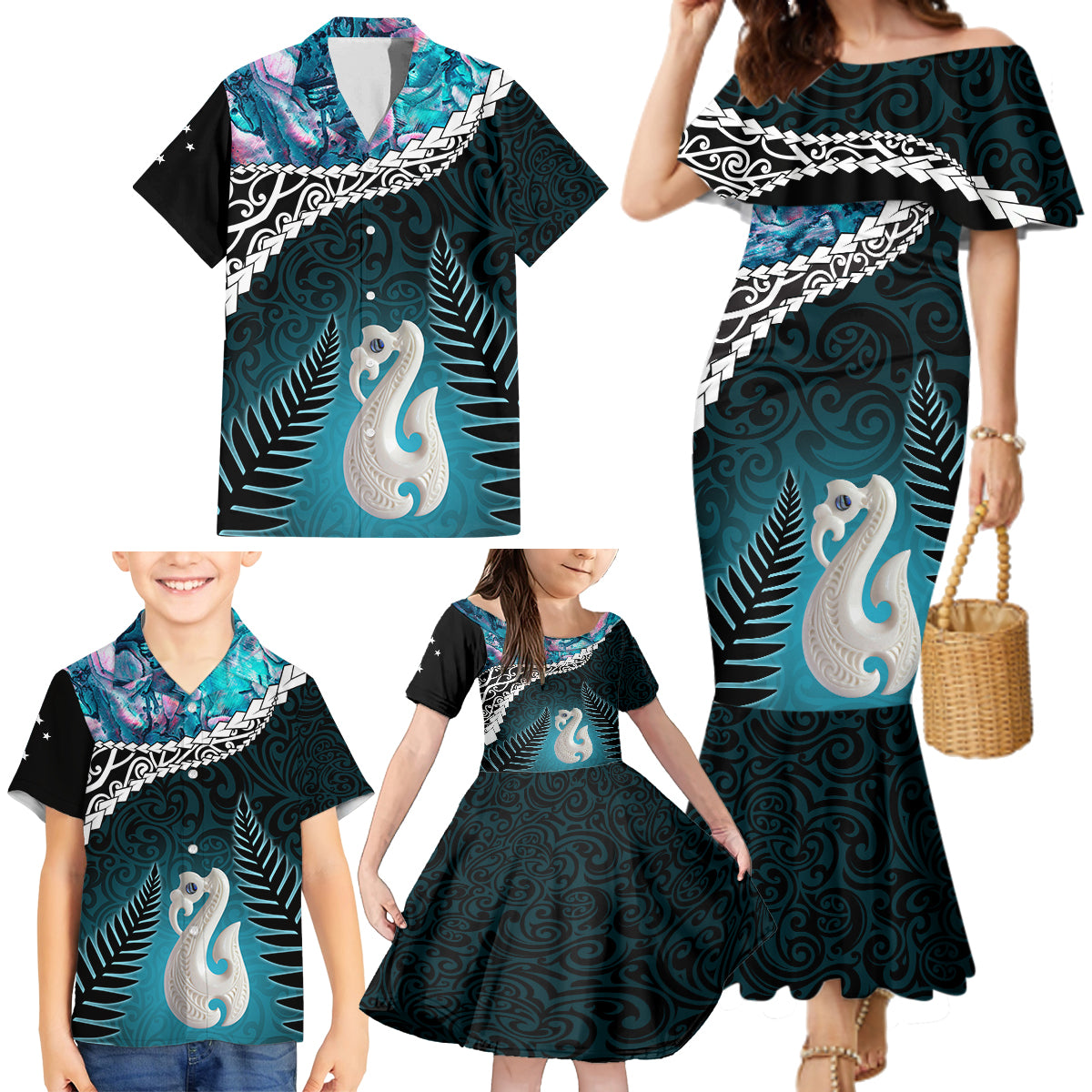 Personalised New Zealand Maori Family Matching Mermaid Dress and Hawaiian Shirt Manaia Paua Shell Turquoise LT7 - Polynesian Pride