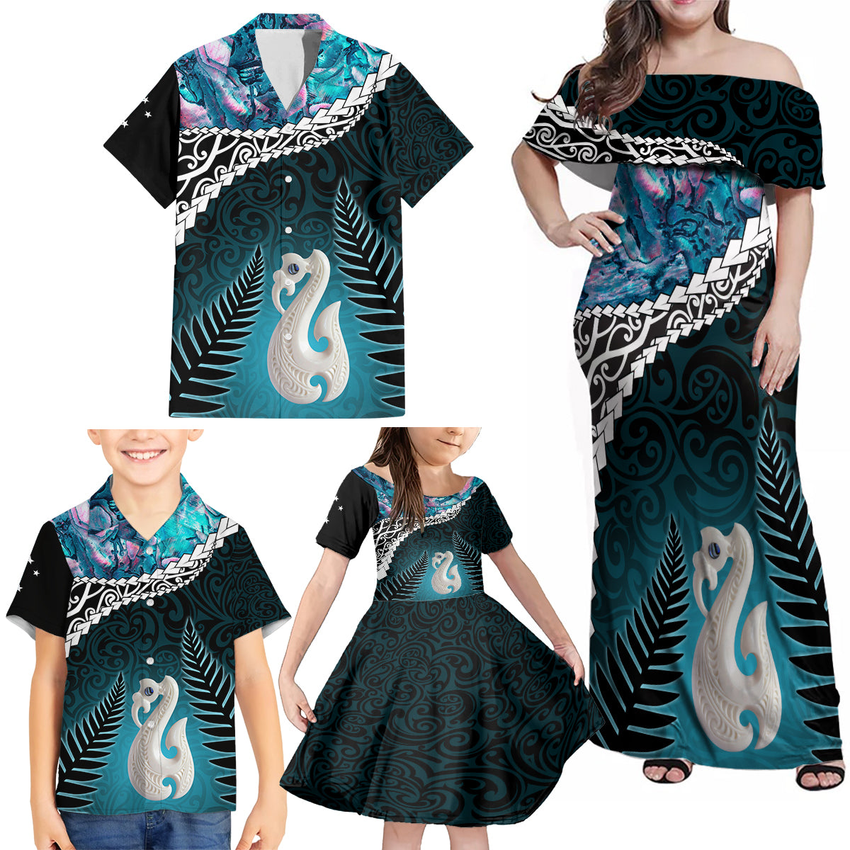 Personalised New Zealand Maori Family Matching Off Shoulder Maxi Dress and Hawaiian Shirt Manaia Paua Shell Turquoise LT7 - Polynesian Pride