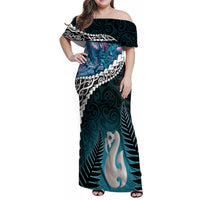 Personalised New Zealand Maori Family Matching Off Shoulder Maxi Dress and Hawaiian Shirt Manaia Paua Shell Turquoise LT7 Mom's Dress Turquoise - Polynesian Pride