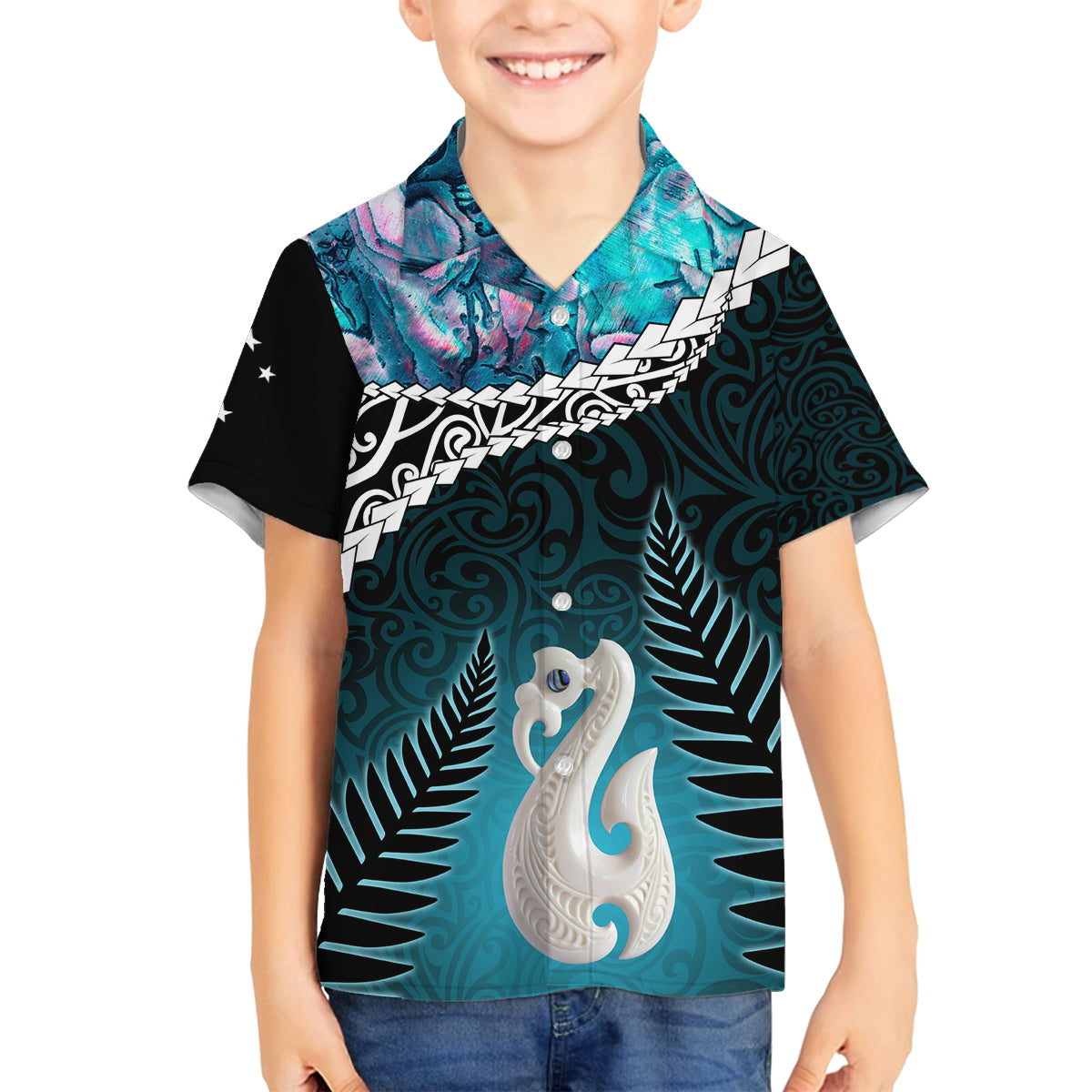 Personalised New Zealand Maori Family Matching Off Shoulder Short Dress and Hawaiian Shirt Manaia Paua Shell Turquoise LT7 Son's Shirt Turquoise - Polynesian Pride