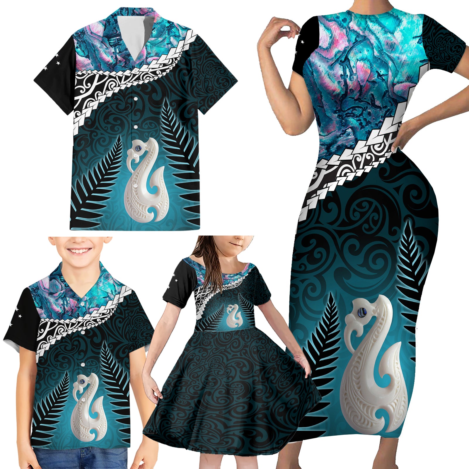 Personalised New Zealand Maori Family Matching Short Sleeve Bodycon Dress and Hawaiian Shirt Manaia Paua Shell Turquoise LT7 - Polynesian Pride