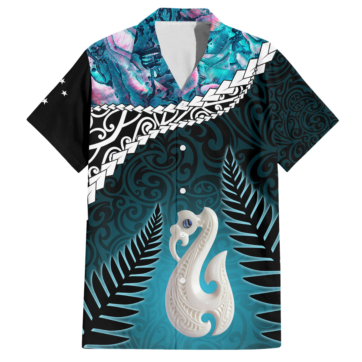 Personalised New Zealand Maori Family Matching Tank Maxi Dress and Hawaiian Shirt Manaia Paua Shell Turquoise LT7 Dad's Shirt - Short Sleeve Turquoise - Polynesian Pride