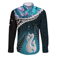 Personalised New Zealand Maori Family Matching Tank Maxi Dress and Hawaiian Shirt Manaia Paua Shell Turquoise LT7 Dad's Shirt - Long Sleeve Turquoise - Polynesian Pride