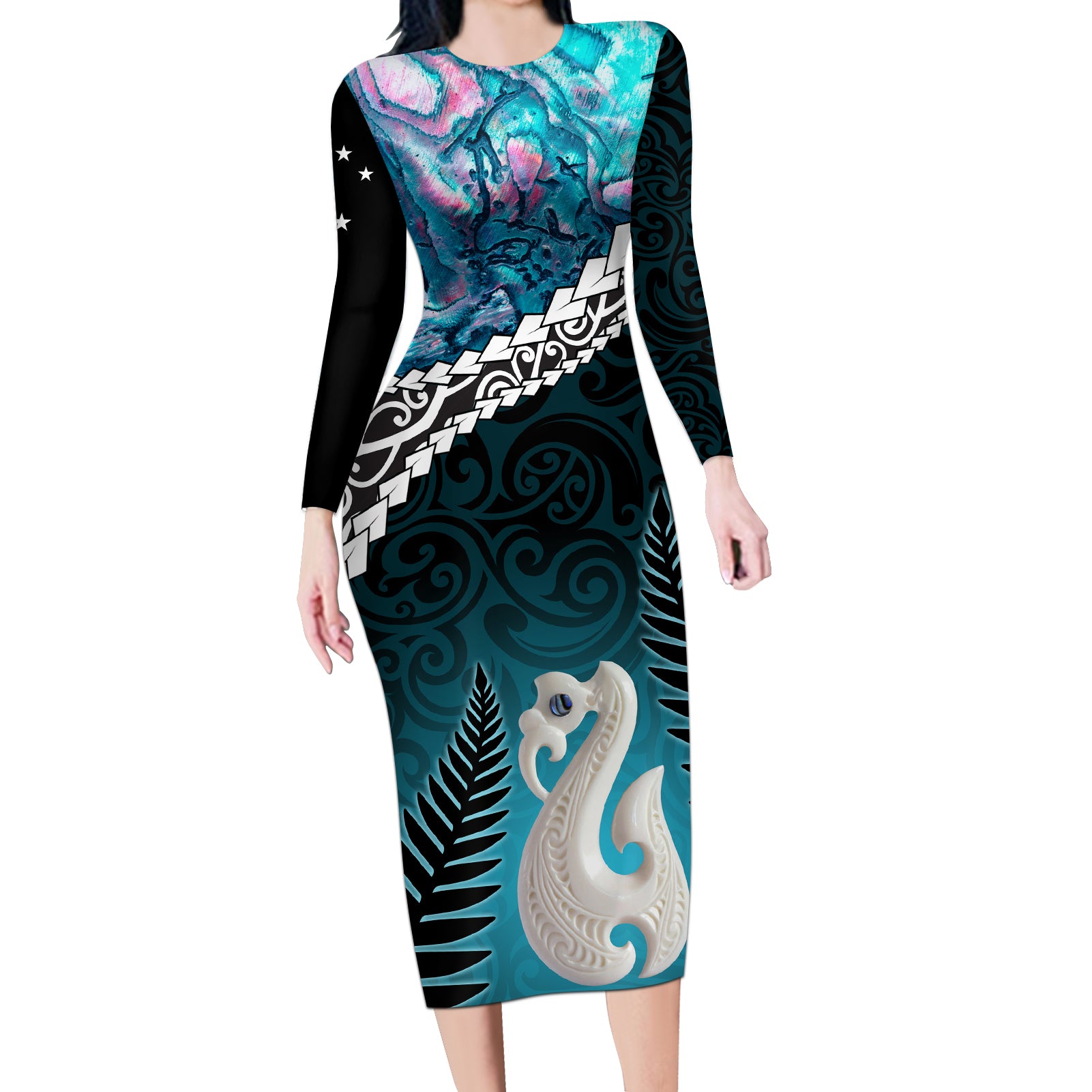 Personalised New Zealand Maori Long Sleeve Bodycon Dress Manaia Paua Shell Turquoise LT7 Long Dress Turquoise - Polynesian Pride