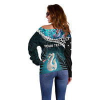 Personalised New Zealand Maori Off Shoulder Sweater Manaia Paua Shell Turquoise LT7 - Polynesian Pride