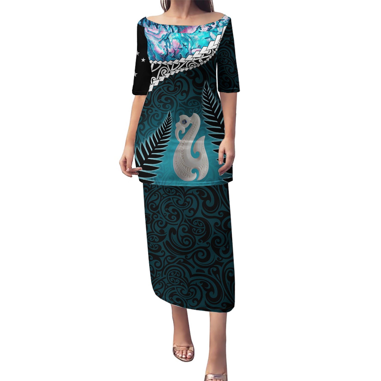 Personalised New Zealand Maori Puletasi Manaia Paua Shell Turquoise LT7 Long Dress Turquoise - Polynesian Pride