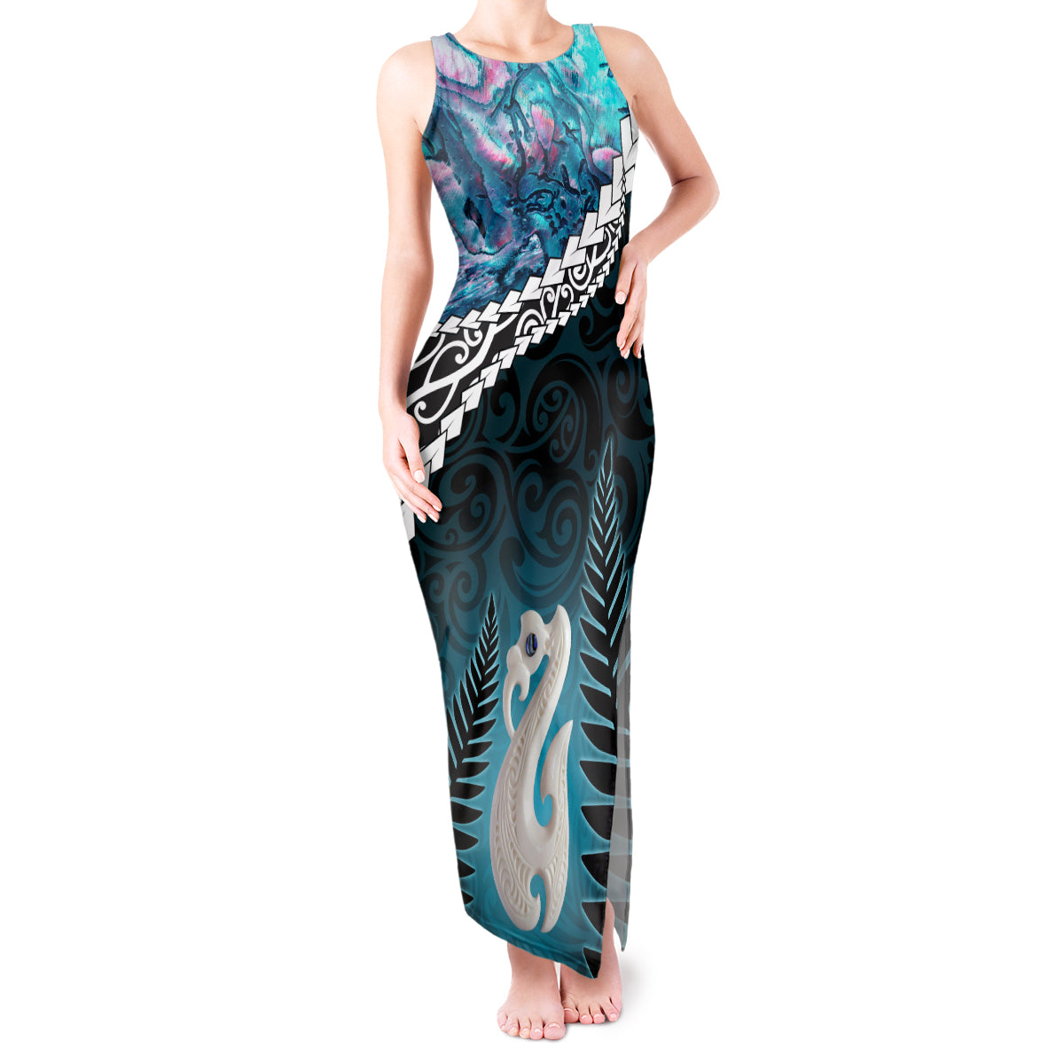 Personalised New Zealand Maori Tank Maxi Dress Manaia Paua Shell Turquoise LT7 Women Turquoise - Polynesian Pride