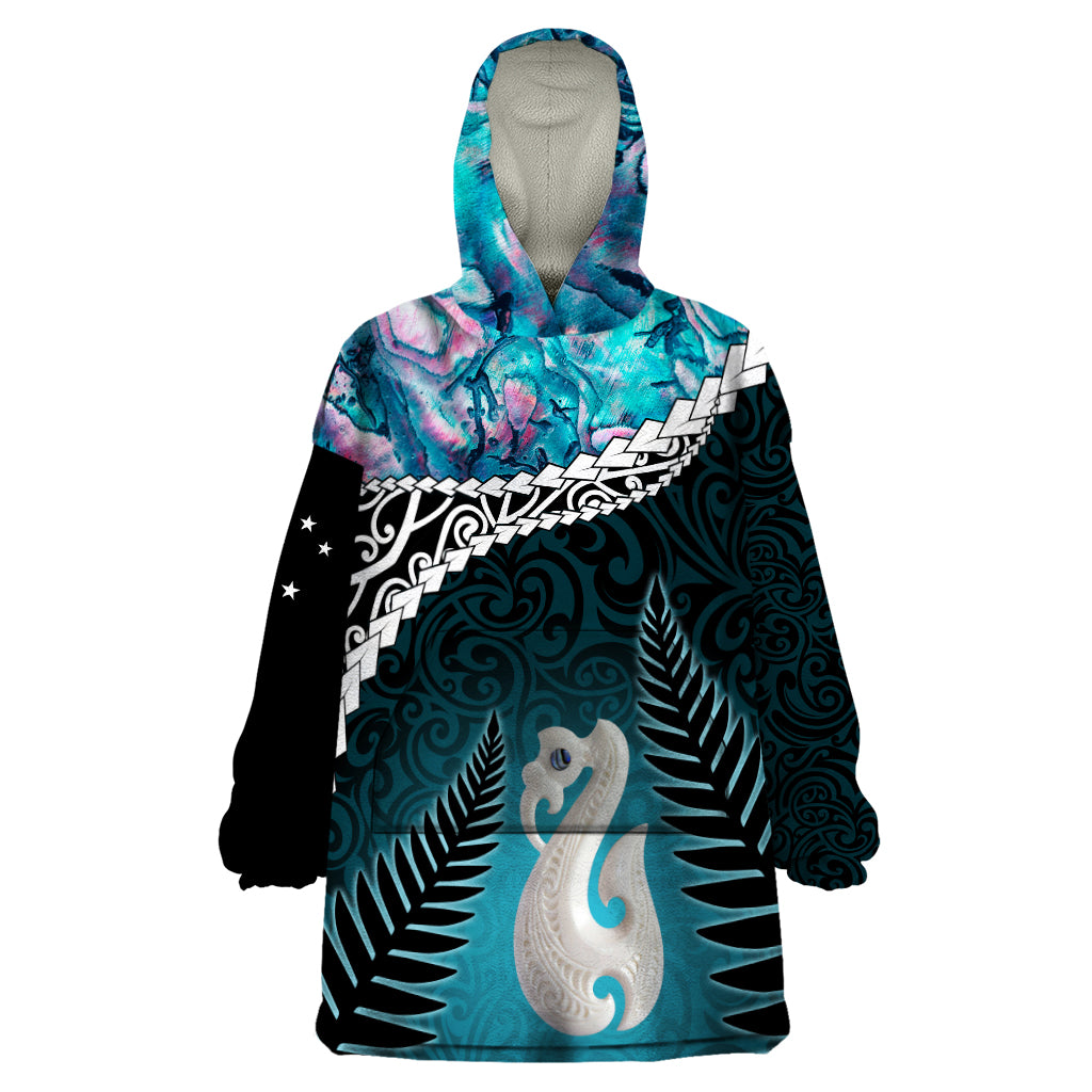 Personalised New Zealand Maori Wearable Blanket Hoodie Manaia Paua Shell Turquoise LT7 One Size Turquoise - Polynesian Pride