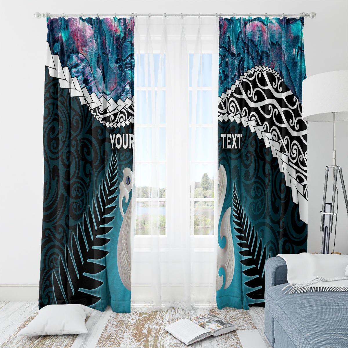 Personalised New Zealand Maori Window Curtain Manaia Paua Shell Turquoise LT7 - Polynesian Pride