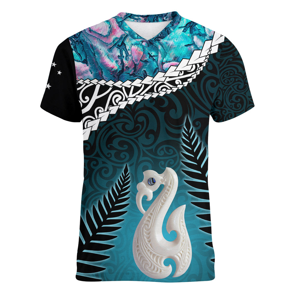 Personalised New Zealand Maori Women V Neck T Shirt Manaia Paua Shell Turquoise LT7 Female Turquoise - Polynesian Pride