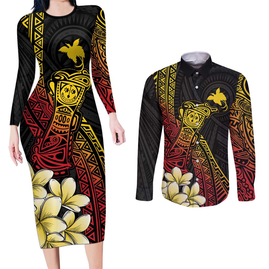 Personalized Papua New Guinea Couples Matching Long Sleeve Bodycon Dress and Long Sleeve Button Shirt Kundu Drum Carving Motifs LT7 Black - Polynesian Pride