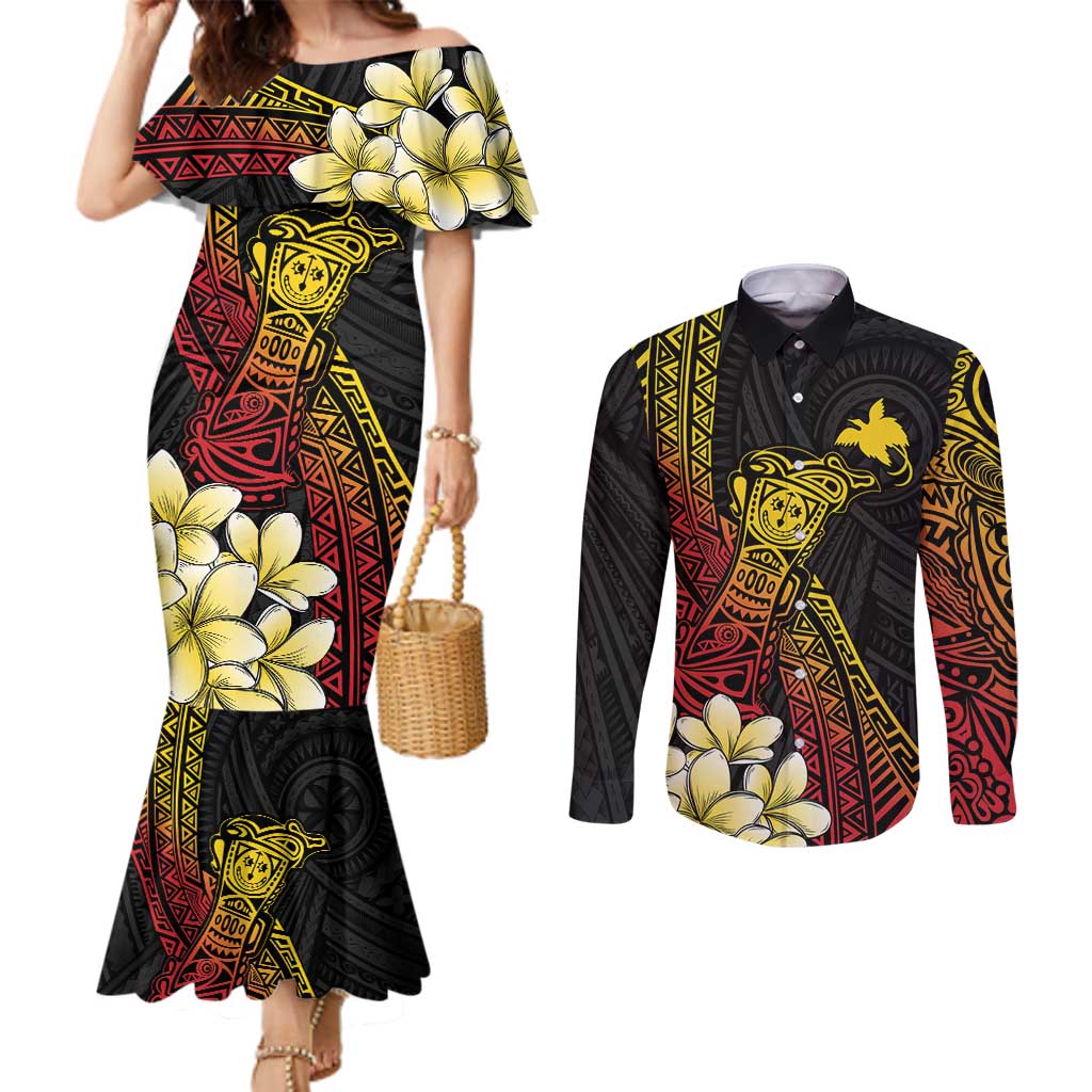 Personalized Papua New Guinea Couples Matching Mermaid Dress and Long Sleeve Button Shirt Kundu Drum Carving Motifs LT7 Black - Polynesian Pride