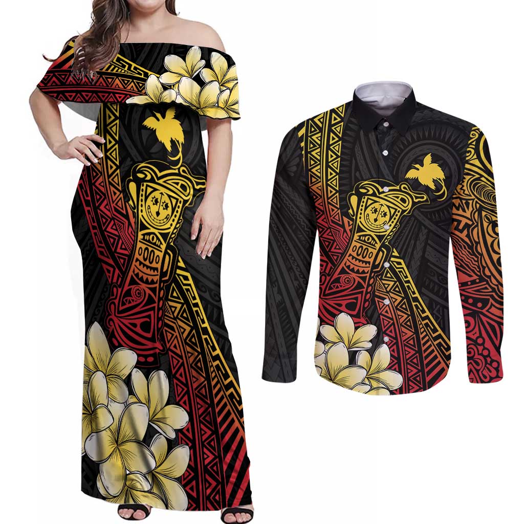 Personalized Papua New Guinea Couples Matching Off Shoulder Maxi Dress and Long Sleeve Button Shirt Kundu Drum Carving Motifs LT7 Black - Polynesian Pride