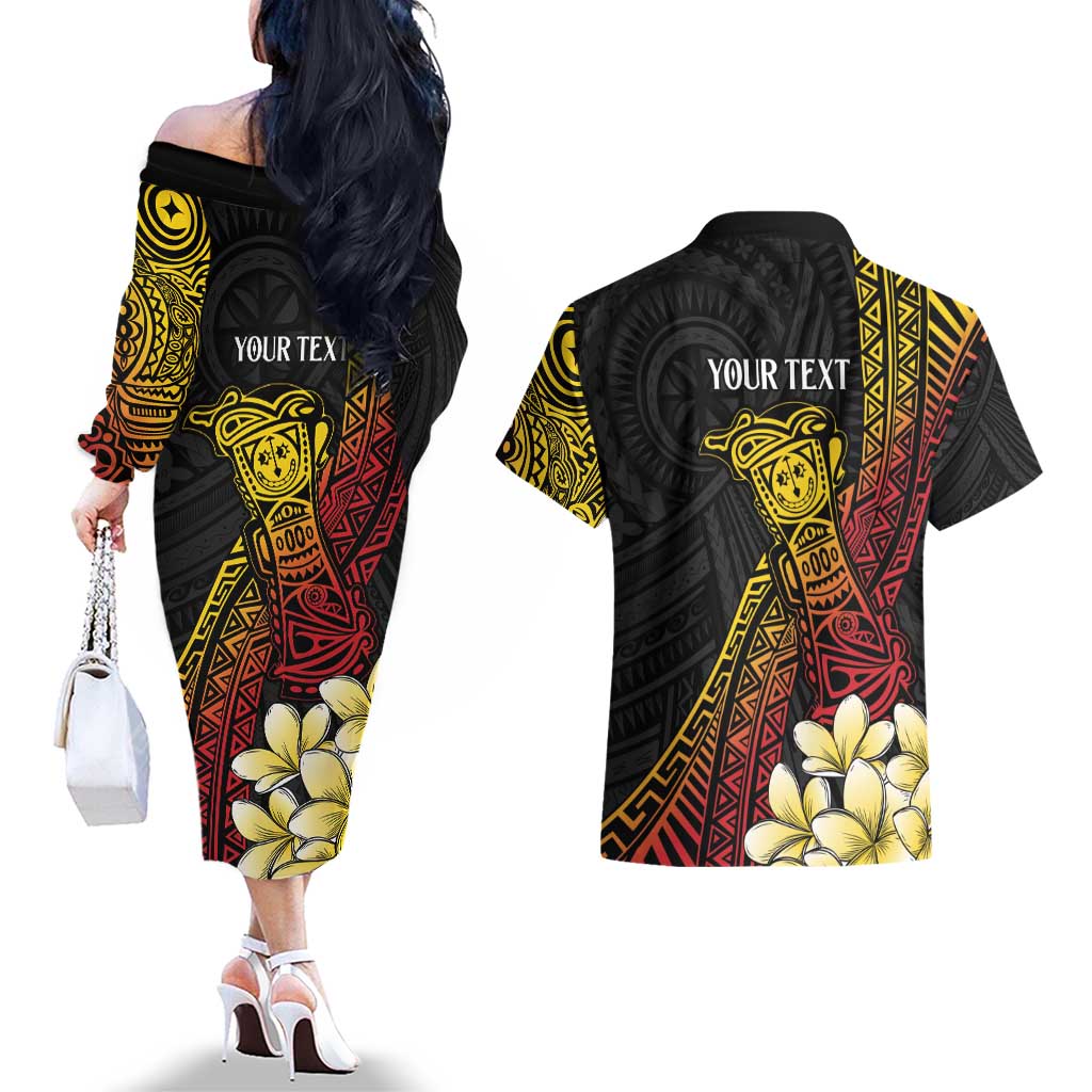 Personalized Papua New Guinea Couples Matching Off The Shoulder Long Sleeve Dress and Hawaiian Shirt Kundu Drum Carving Motifs