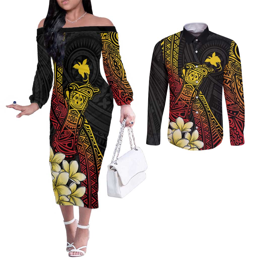 Personalized Papua New Guinea Couples Matching Off The Shoulder Long Sleeve Dress and Long Sleeve Button Shirt Kundu Drum Carving Motifs LT7 Black - Polynesian Pride
