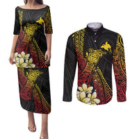 Personalized Papua New Guinea Couples Matching Puletasi and Long Sleeve Button Shirt Kundu Drum Carving Motifs LT7 Black - Polynesian Pride