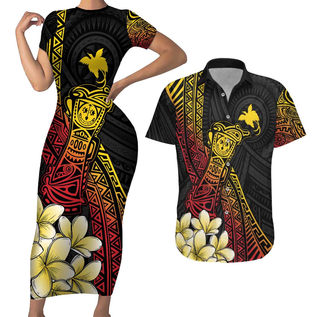 Personalized Papua New Guinea Couples Matching Short Sleeve Bodycon Dress and Hawaiian Shirt Kundu Drum Carving Motifs LT7 Black - Polynesian Pride