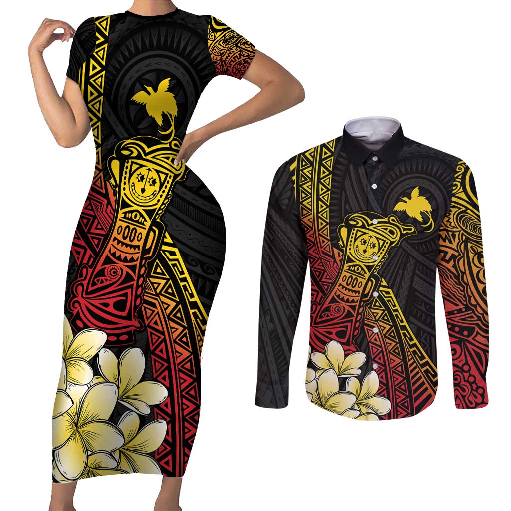 Personalized Papua New Guinea Couples Matching Short Sleeve Bodycon Dress and Long Sleeve Button Shirt Kundu Drum Carving Motifs LT7 Black - Polynesian Pride