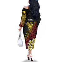 Personalized Papua New Guinea Family Matching Off The Shoulder Long Sleeve Dress and Hawaiian Shirt Kundu Drum Carving Motifs