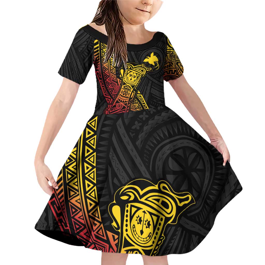 Personalized Papua New Guinea Family Matching Off Shoulder Short Dress and Hawaiian Shirt Kundu Drum Carving Motifs