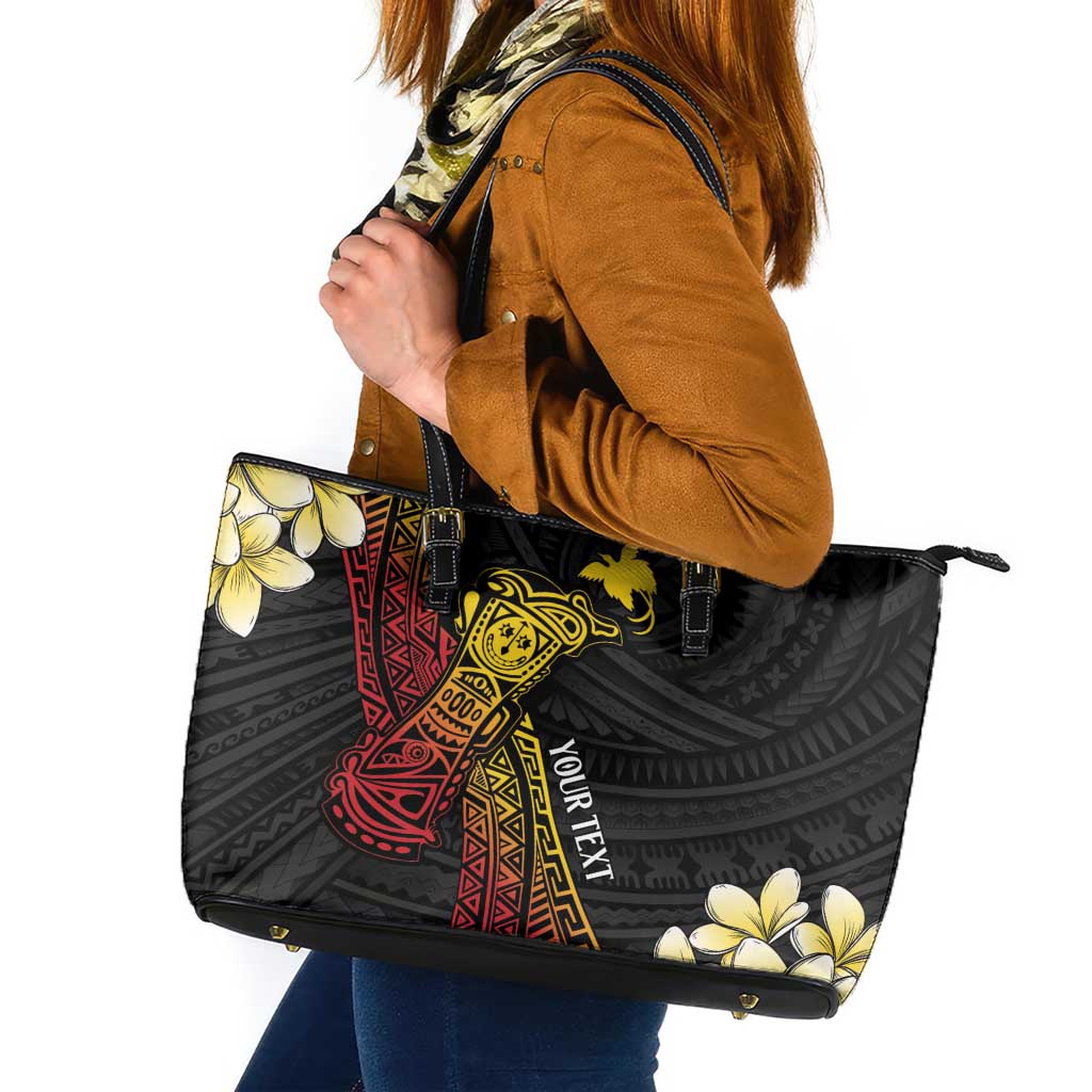 Personalized Papua New Guinea Leather Tote Bag Kundu Drum Carving Motifs LT7 Black - Polynesian Pride