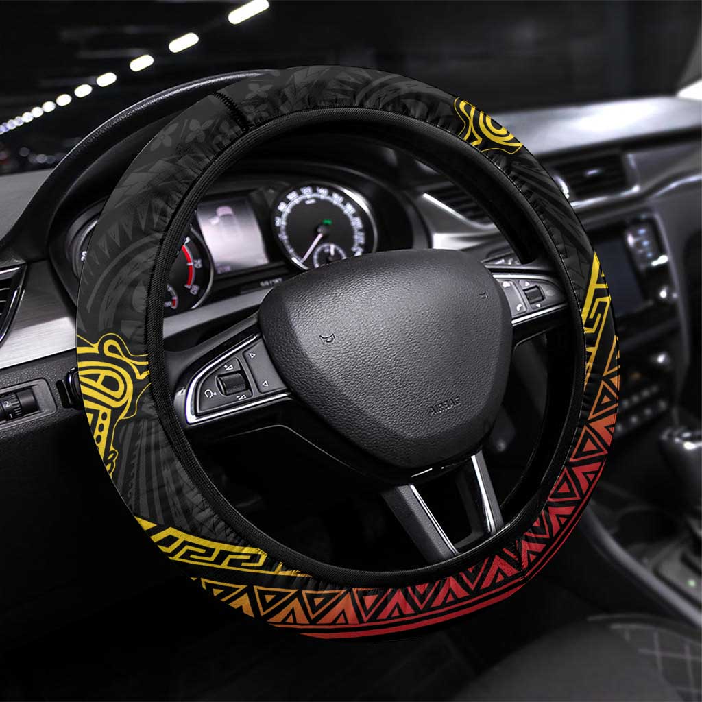 Papua New Guinea Steering Wheel Cover Kundu Drum Carving Motifs LT7 Universal Fit Black - Polynesian Pride
