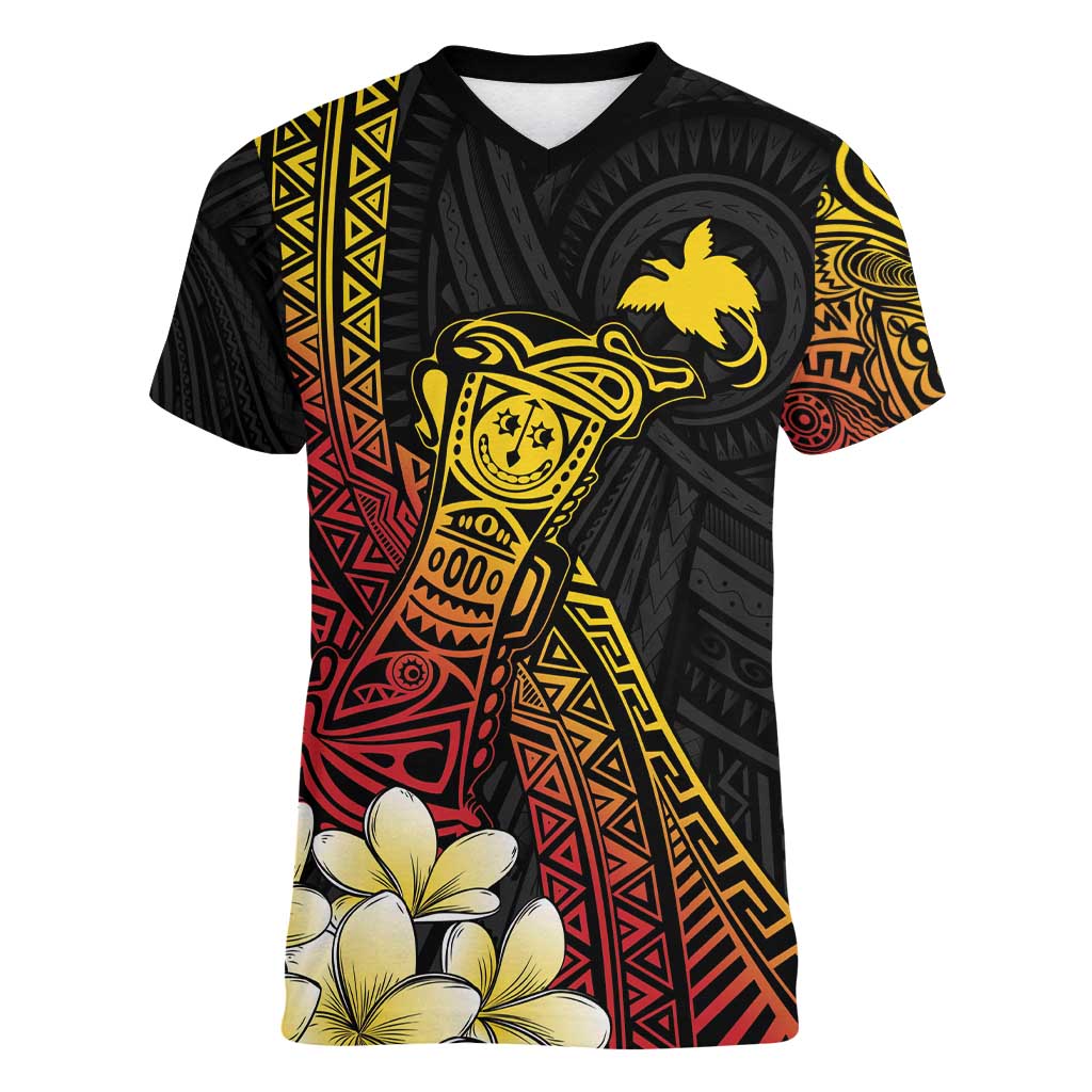 Personalized Papua New Guinea Women V-Neck T-Shirt Kundu Drum Carving Motifs LT7 Female Black - Polynesian Pride