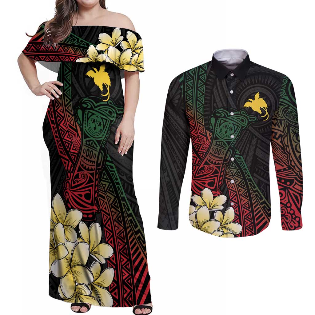 Personalized Papua New Guinea Couples Matching Off Shoulder Maxi Dress and Long Sleeve Button Shirt Kundu Drum Motifs - Sepik Colors LT7 Black - Polynesian Pride