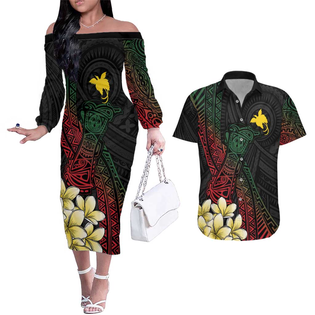 Personalized Papua New Guinea Couples Matching Off The Shoulder Long Sleeve Dress and Hawaiian Shirt Kundu Drum Motifs - Sepik Colors LT7 Black - Polynesian Pride