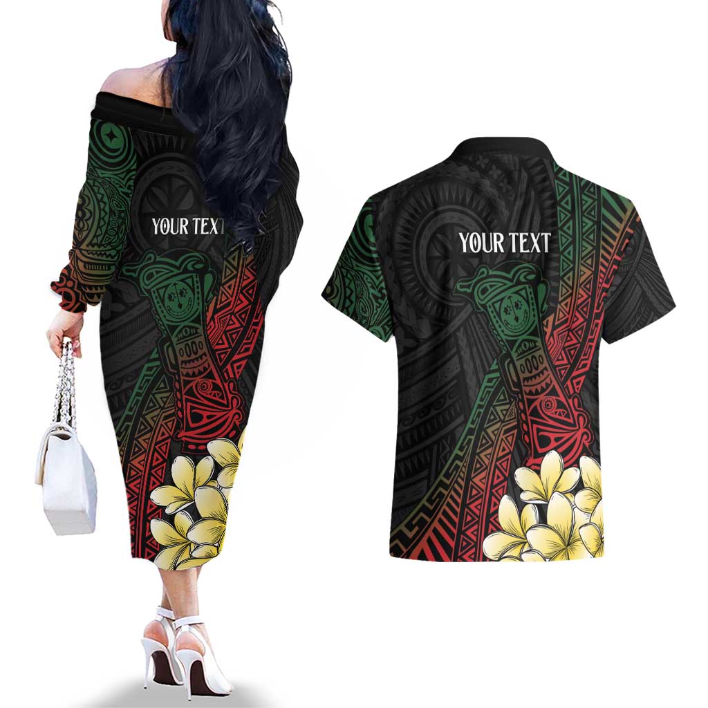 Personalized Papua New Guinea Couples Matching Off The Shoulder Long Sleeve Dress and Hawaiian Shirt Kundu Drum Motifs - Sepik Colors