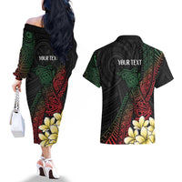 Personalized Papua New Guinea Couples Matching Off The Shoulder Long Sleeve Dress and Hawaiian Shirt Kundu Drum Motifs - Sepik Colors