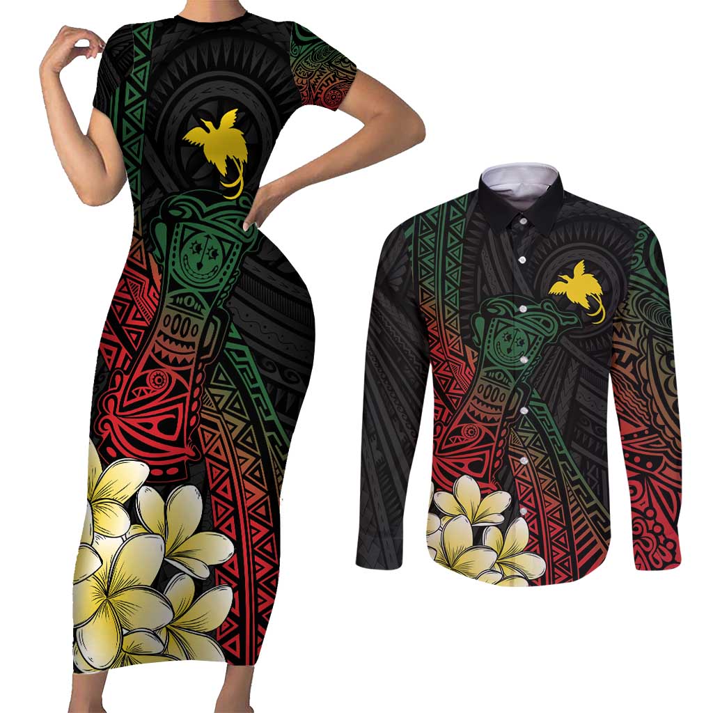 Personalized Papua New Guinea Couples Matching Short Sleeve Bodycon Dress and Long Sleeve Button Shirt Kundu Drum Motifs - Sepik Colors LT7 Black - Polynesian Pride