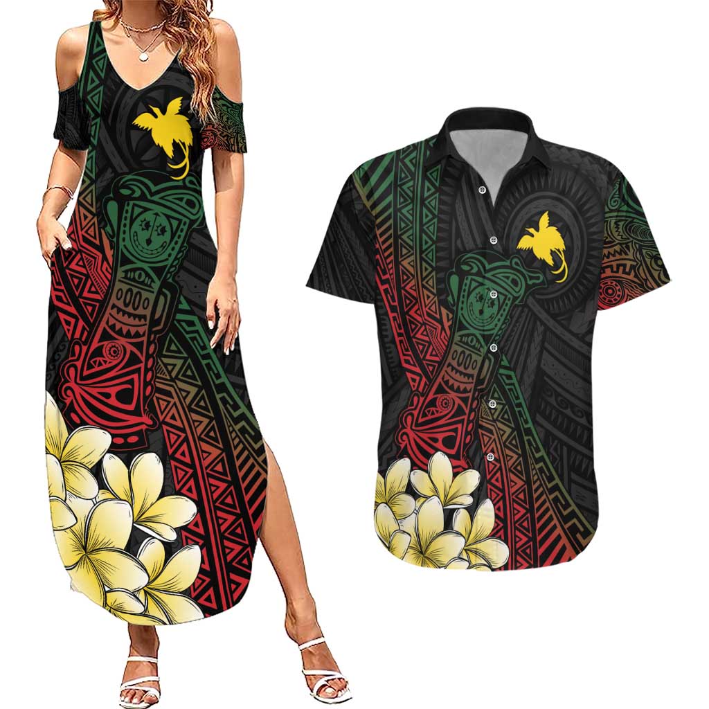 Personalized Papua New Guinea Couples Matching Summer Maxi Dress and Hawaiian Shirt Kundu Drum Motifs - Sepik Colors LT7 Black - Polynesian Pride